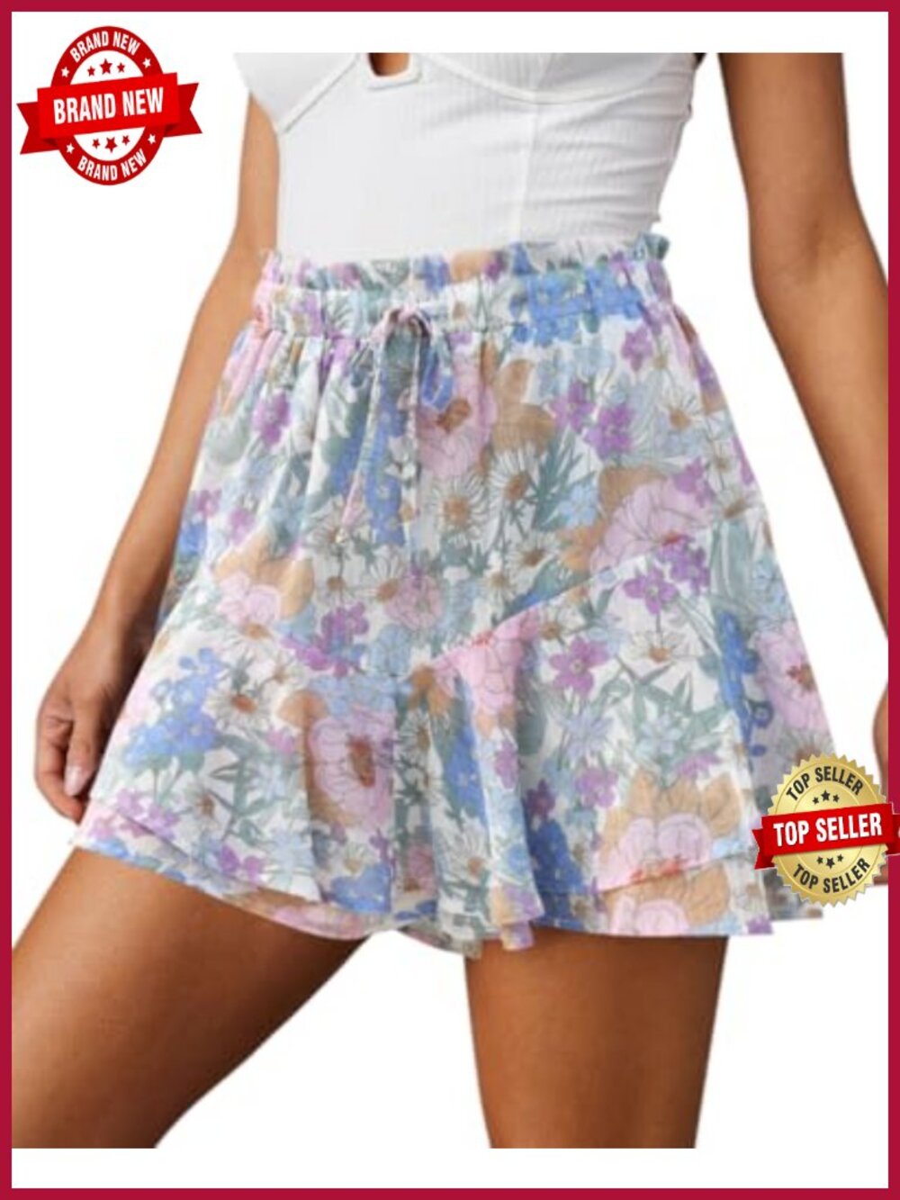 Flowy Skort with Ruffle Hem, Double Layer, Drawstring Waist, for Running Tennis